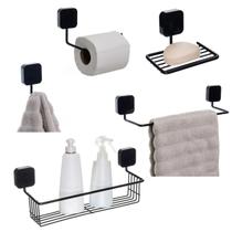 Kit Toalheiro Gancho Multiuso Suporte Papel Higiênico Porta Shampoo Saboneteira Parede Preto - Metaltru