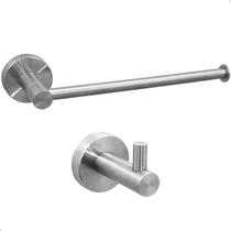 Kit Toalheiro Inox Escovado Porta Toalha De Rosto Mãos Reto E Cabide Gancho Simples Aço Inox 304 Fosco Suporte Parede Banheiro Acessório Lavabo Luxo