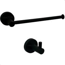 Kit Toalheiro Preto Fosco Porta Toalha De Rosto Mãos Reto E Cabide Gancho Simples Aço Inox 304 Suporte Parede Banheiro Acessório Lavabo Luxo