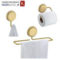 Kit Toalheiro Rosto Suporte Papel Higiênico Gancho Porta Toalha Adesivo Dupla Face Banheiro Dourado - Future