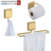 Kit Toalheiro Rosto Suporte Papel Higiênico Gancho Porta Toalha Banheiro Adesivo Dupla Face Dourado - Future