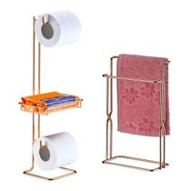 Kit Toalheiro Suporte Toalha Rosto Duplo + Porta Papel Higiênico Chão Banheiro Rose Gold - Future Kit Toalheiro Suporte Toalha Rosto Duplo + Porta Papel Higiênico Chão Banheiro Rose Gold - Future