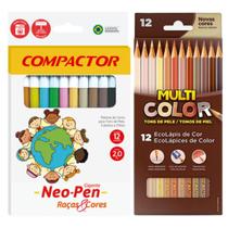 Kit tom de pele, 12 lápis de cor Multicolor + 12 canetinhas Compactor