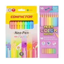 Kit tom pastel, 10 lápis de cor Multicolor + 12 canetinhas Compactor
