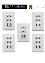 kit Tomada De Parede Dupla 10A Com Espelho Branco 4x2 Com 2 Portas Usb 3A - Conjunto 5 Unidades