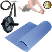 Kit Tonificador Abdominal Tapete Azul + Roda + Corda