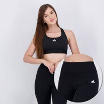 Kit Top Adidas Powerreact Suporte Médio e Calça Legging Adidas Basic Treino Feminina Preta