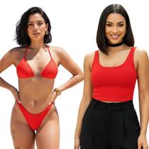 Kit Top Cropped Regata + Biquini Cortininha fio dental Cor:VermelhoTamanho:G