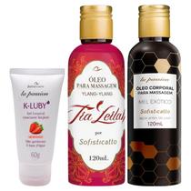 Kit Top Prazer: Gel Lubrificante K Luby + Óleo De Massagem Sensual Quente Tia Leilah + Óleo De Massagem Quente Mel Exotico