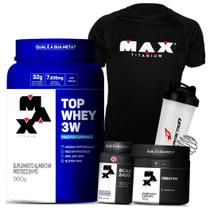 Kit Top Whey Proten 3W Isolado + Bcaa + Creatina + Blusa(roupa) de Treino - Max Titanium