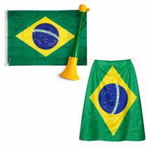 Kit Torcedor Brasil Capa + Vuvuzela + Bandeira Grade Potente