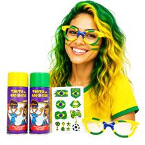 Kit Torcida Brasil: 2 Tintas Spray Cabelo + Óculos + Tatuagem