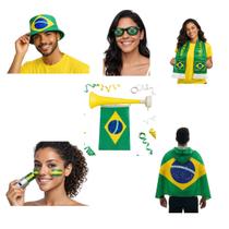 Kit Torcida Brasil Copa Do Mundo Completo Com Bandeira Vestir Chapéu Óculos Cachecol Vuvuzela Tinta Facial Kit Torcida Brasil Copa Do Mundo Completo Com Bandeira Vestir Chapéu Óculos Cachecol Vuvuzela Tinta Facial