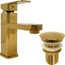 Kit Torneira Banheiro Dourada Bica Baixa E Válvula Click 1¼ Aço Inox Brilhoso Torneira Monocomando Misturador Bancada Lavabo E Ralo De Pia 4cm