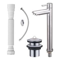 Kit Torneira Bica Alta Aço Escovado com Válvula Inox Cromada Engate e Sifão Beltempo