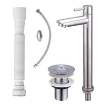 Kit Torneira Bica Alta Aço Escovado com Válvula Inox Cromada Engate e Sifão Beltempo