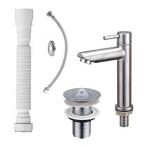 Kit Torneira Bica Baixa Aço Escovado com Válvula Inox Cromada Engate e Sifão Beltempo