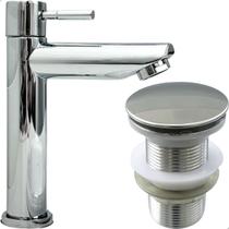 Kit Torneira Bica Baixa Inox 304 Cromado e Válvula Click 1 ¼ Ralo Pia Banheiro Torneira Fria Simples ¼ De Volta Ralo Escoamento Cuba Lavatorio 4cm
