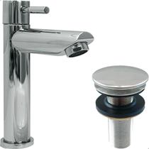 Kit Torneira Bica Baixa Inox 304 Cromado e Válvula Click ⅞ Ralo Pia Banheiro Torneira Fria Simples ¼ De Volta Ralo Escoamento Cuba Lavatorio 3cm