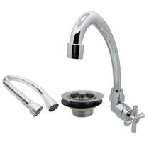 Kit Torneira Cozinha Parede Cromada e Válvula Pia e Sifão Tubo Instalação Completa ABS Luxo