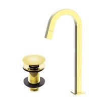 Kit Torneira de mesa cuba pia para Banheiro Lavatório Lavabo Bica Alta Quadrada Válvula Click para Cuba 7/8 Redonda Dourado Brilhante Metal