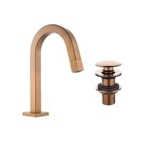Kit Torneira de mesa cuba pia para Banheiro lavatório lavabo Bica Baixa Quadrada e Válvula Click para Cuba 7/8 Redonda RoseGold Brilhante Metal Kit Torneira de mesa cuba pia para Banheiro lavatório lavabo Bica Baixa Quadrada e Válvula Click para Cuba 7/8 Redonda RoseGold Brilhante Metal