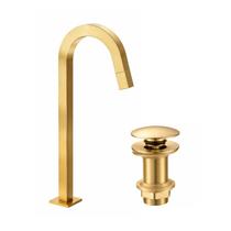 Kit Torneira de mesa para Banheiro Bica Alta Quadrada + Válvula Click para Cuba 7/8 Redonda Dourado Escovado