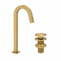 Kit Torneira de mesa para Banheiro Bica Alta Quadrada + Válvula Click para Cuba 7/8 Redonda Dourado Fosco
