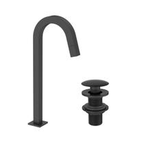 Kit Torneira de mesa para Banheiro Bica Alta Quadrada + Válvula Click para Cuba 7/8 Redonda Preto Fosco