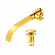 Kit Torneira de parede para Banheiro Bica Longa Cascata + Válvula Click para Cuba 7/8 Redonda Dourado Brilhante