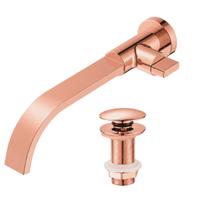 Kit Torneira de parede para Banheiro Bica Longa Cascata + Válvula Click para Cuba 7/8 Redonda Rose-Gold Brilhante