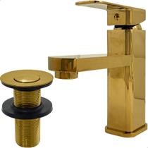 Kit Torneira Dourada Banheiro Monocomando Válvula click ⅞ Aço Inox Ralo de Escoamento Pia Cuba 30mm Gold Luxo Brilhoso Agua Quente Fria Bica Baixa