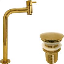 Kit Torneira Dourada Bica Alta e Válvula Click 1¼ Inox Pia Banheiro Torneira Fria 90 Graus ¼ De Volta Cuba Sobrepor E Ralo Pia Lavatorio Gold