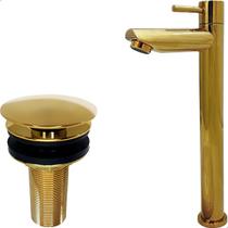 Kit Torneira Dourada Bica Alta e Válvula Click 3cm Aço Inox Pia Banheiro Torneira Fria Simples ¼ De Volta Cuba De Sobrepor E Ralo Pia Lavatorio 30mm