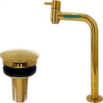 Kit Torneira Dourada Bica Alta e Válvula Click ⅞ Inox Pia Banheiro Torneira Fria 90 Graus ¼ De Volta Cuba Sobrepor E Ralo Pia Lavatorio Gold
