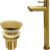Kit Torneira Dourada Bica Alta Válvula Click 1¼ Inox Pia Banheiro Torneira Fria Simples ¼ Volta
