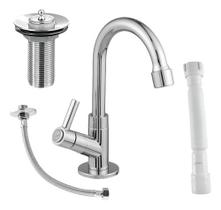 Kit Torneira Lavatorio Banheiro Acessorios Valvula Sifão Engate Flexível Kit Raro Completo Prateado