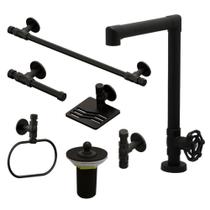 Kit Torneira Lavatório Banheiro Industrial Rustico + Acessórios Completo Preto Fosco Metal Luxo