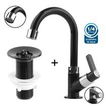 Kit Torneira Válvula Lavatório Abs Luxo Preto Cromado 1 4 De Volta