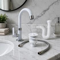 Kit Torneira Válvula Lavatório Sifão Extensivo Branco Engate Trançado Inox 60 cm Kit Torneira Válvula Lavatório Sifão Extensivo Branco Engate Trançado Inox 60 cm