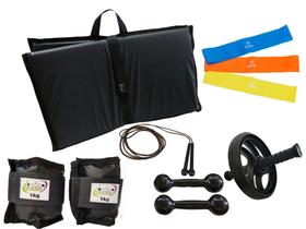 Kit Tornozeleira 1KG Preto + Halteres 1KG Preto + Colchonete Preto + MiniBand + Roda + Pula Corda
