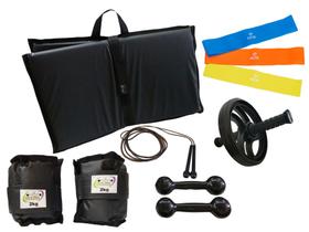Kit Tornozeleira 2KG Preto + Halteres 2KG Preto + Colchonete Preto + MiniBand + Roda + Pula Corda