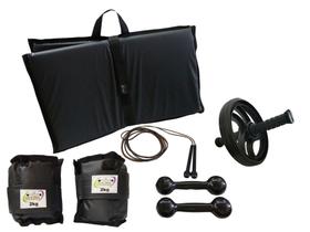 Kit Tornozeleira 2KG Preto + Halteres 2KG Preto + Colchonete Preto + Roda Preta + Pula Corda Preto Kit Tornozeleira 2KG Preto + Halteres 2KG Preto + Colchonete Preto + Roda Preta + Pula Corda Preto