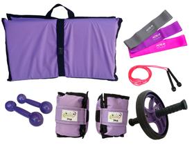 Kit Tornozeleira 3KG Lilás + Halteres 3KG Lilás + Colchonete Lilás + MiniBand + Roda + Pula Corda