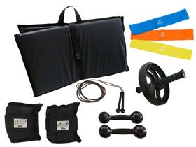 Kit Tornozeleira 3KG Preto + Halteres 3KG Preto + Colchonete Dobravel + MiniBand + Roda + Pula Corda