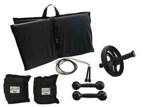 Kit Tornozeleira 3KG Preto + Halteres 3KG Preto + Colchonete Preto + Roda Abdominal + Pula Corda