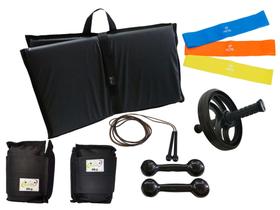 Kit Tornozeleira 4KG Preto + Halteres 4KG Preto + Colchonete Preto + MiniBand + Roda + Pula Corda