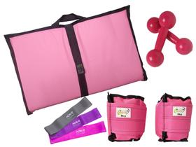 Kit Tornozeleira 5KG Nylon Rosa + Halteres 5KG Rosa + Colchonete Dobravel Rosa + MiniBand