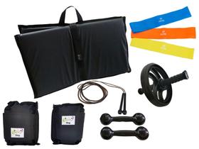 Kit Tornozeleira 5KG Preto + Halteres 5KG Preto + Colchonete Preto + MiniBand + Roda + Pula Corda