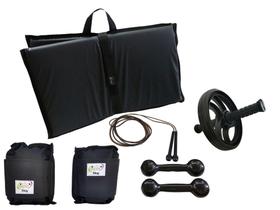 Kit Tornozeleira 5KG Preto + Halteres 5KG Preto + Colchonete Preto + Roda Abdominal + Pula Corda